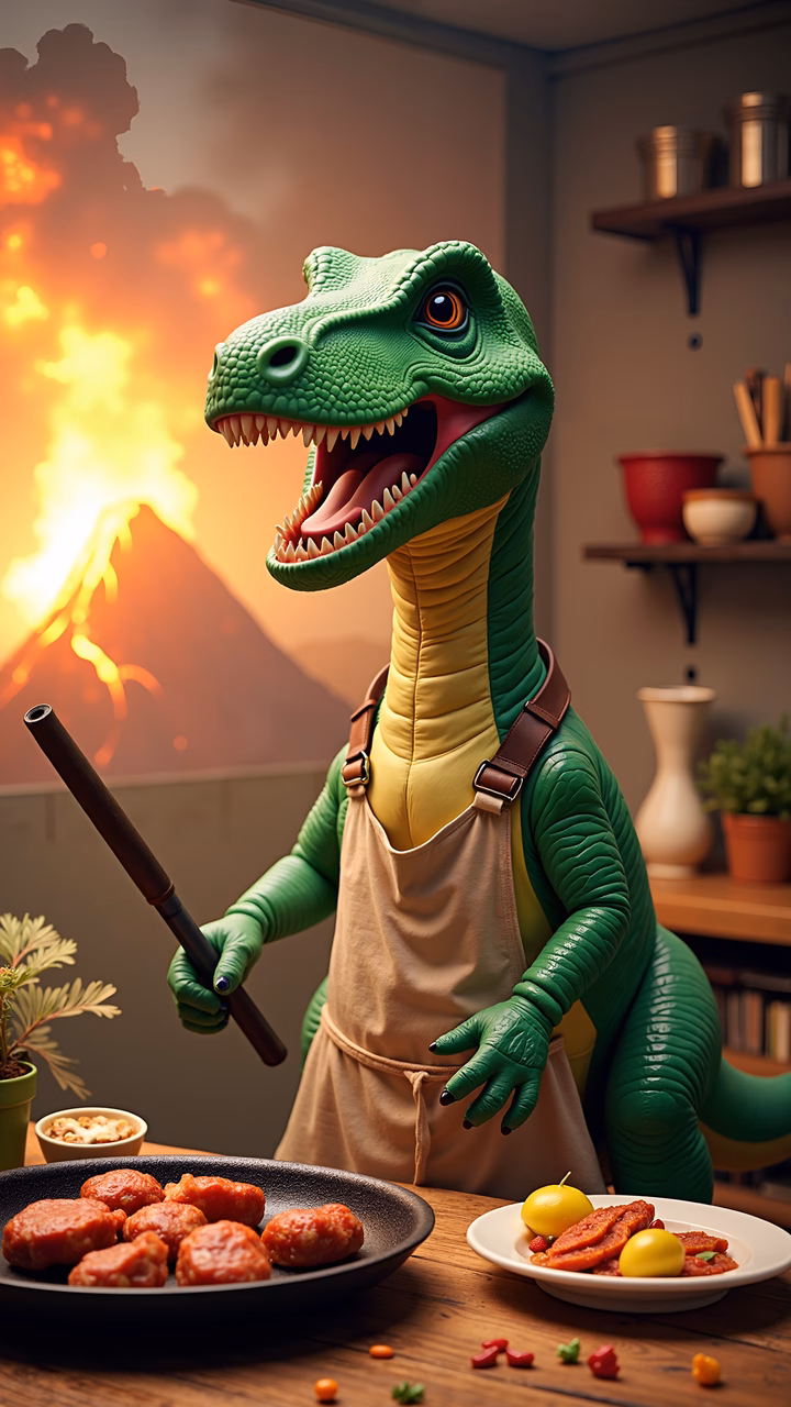 A dinosaur chef cooking in a kitchen with a volcanic eruption in the background.