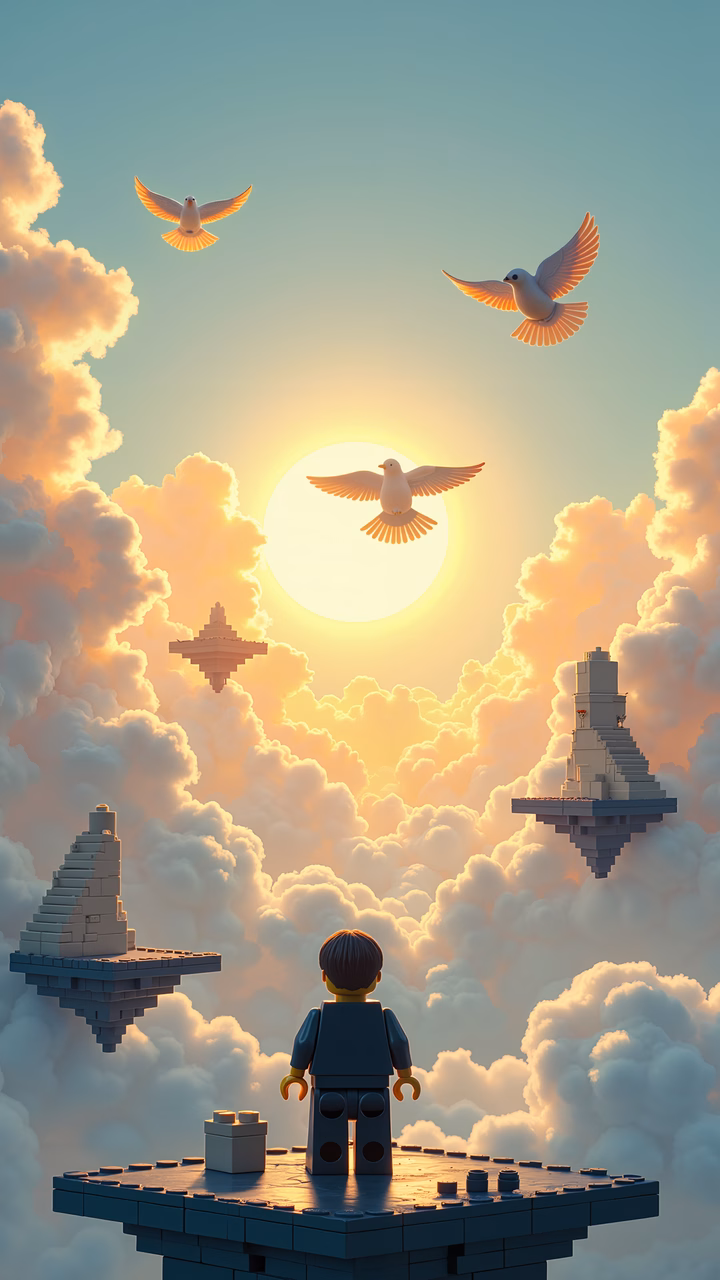 Whimsical Lego figure in a serene sunset sky with floating ruins and doves.