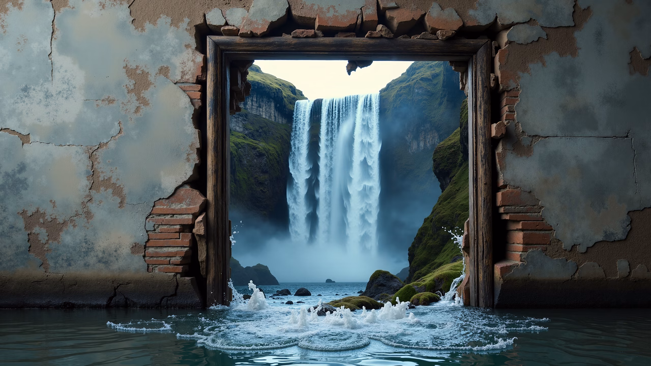A breathtaking waterfall framed by a crumbling doorway, blending nature and decay into a surreal masterpiece.