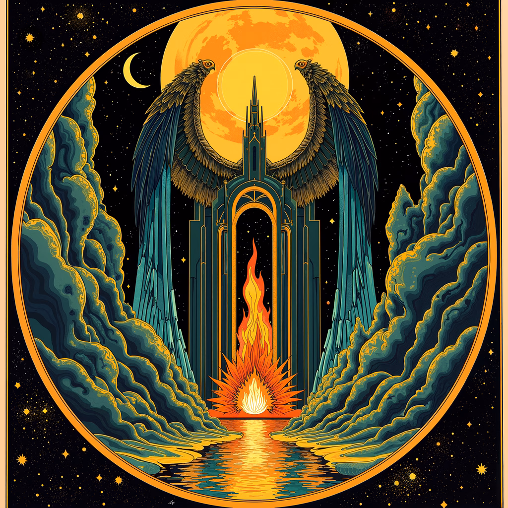 Mystical temple with eagle guardians and a fiery flame, set against a starry night sky.