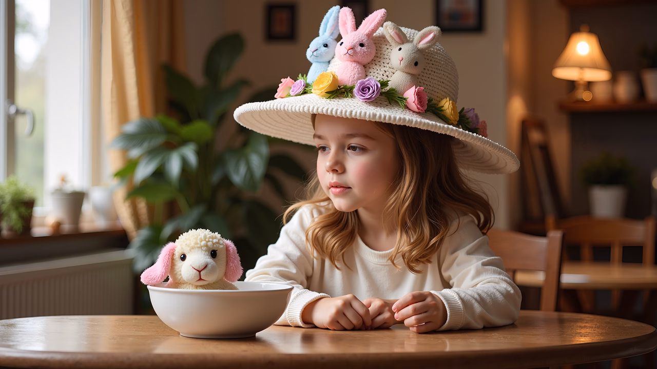A child wearing an Easter bunny hat, surrounded by pastel colors and natural light, evoking a joyful springtime vibe.