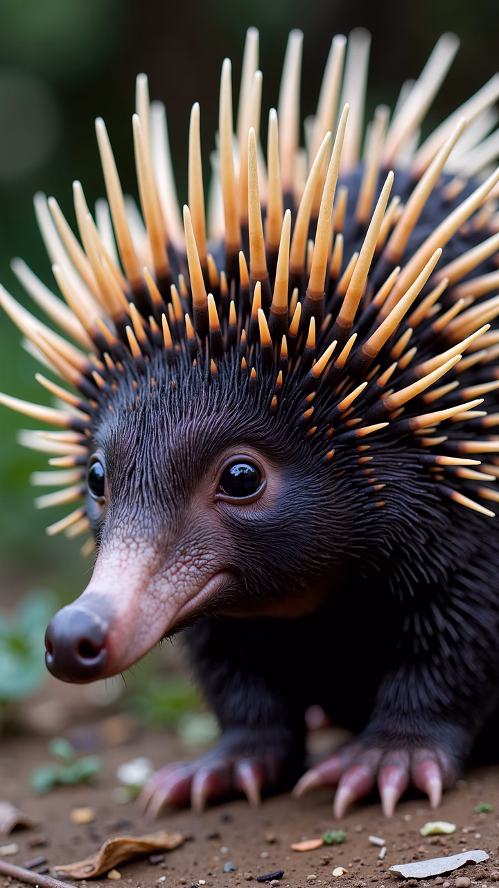 Close-up of an echidna's face and spines, showcasing detailed textures and contrasting colors.