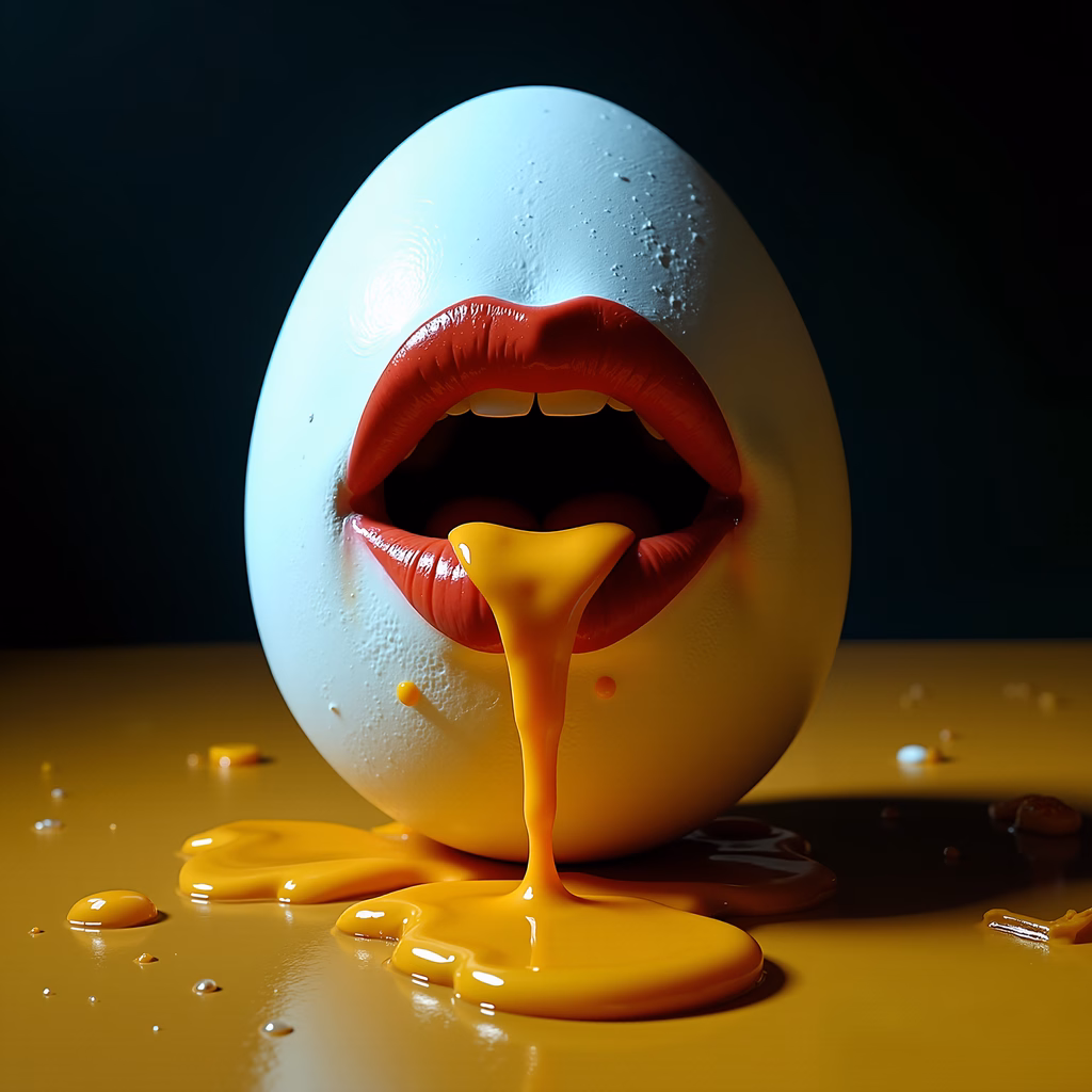 Surreal illustration of lips emerging from a cracked egg with yolk oozing out.