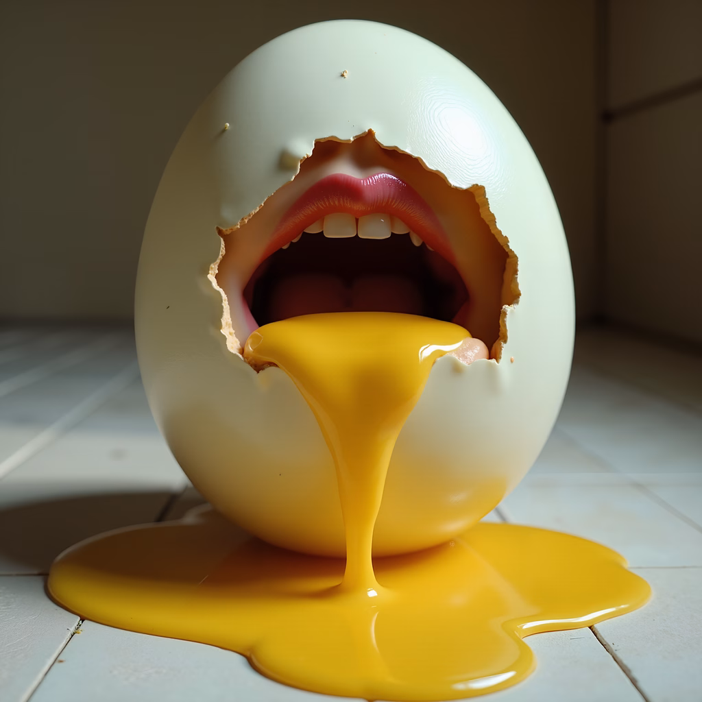 Surreal illustration of a mouth emerging from an eggshell, with vibrant colors and a whimsical tone.
