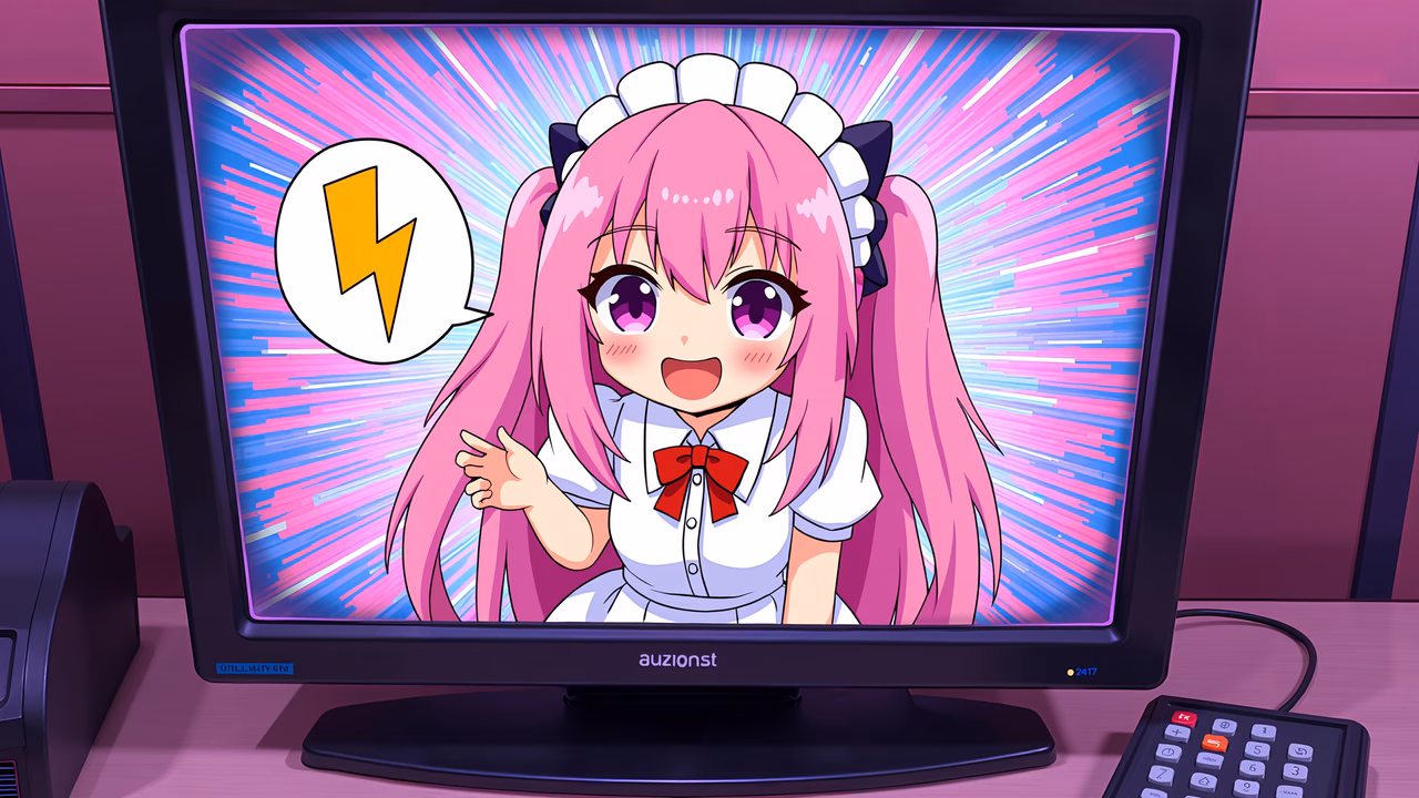 Vibrant anime maid with pink hair and electric energy.