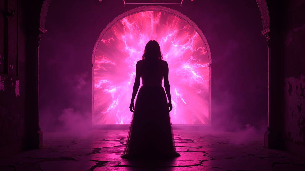 Silhouette of a woman facing a glowing portal with pink lightning, creating a mystical ambiance.