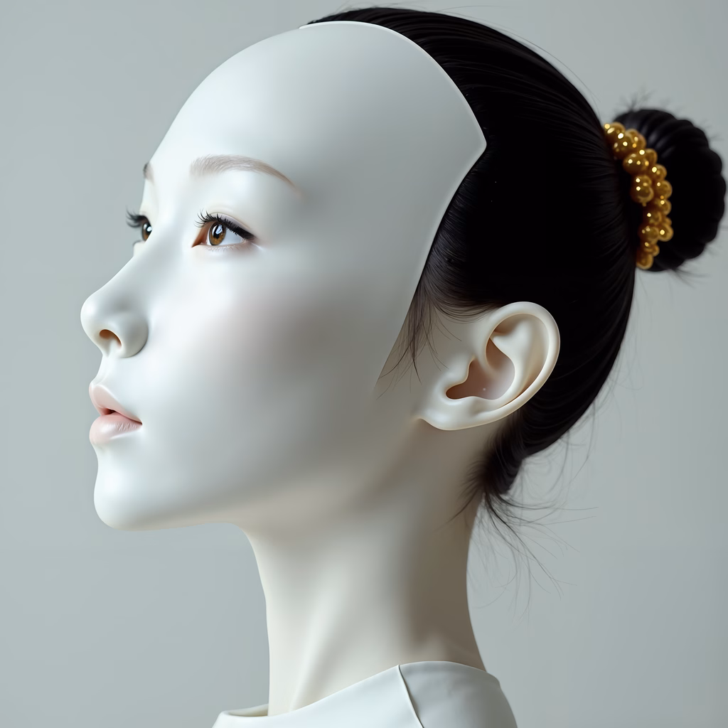Elegant profile illustration with porcelain skin and golden beads.