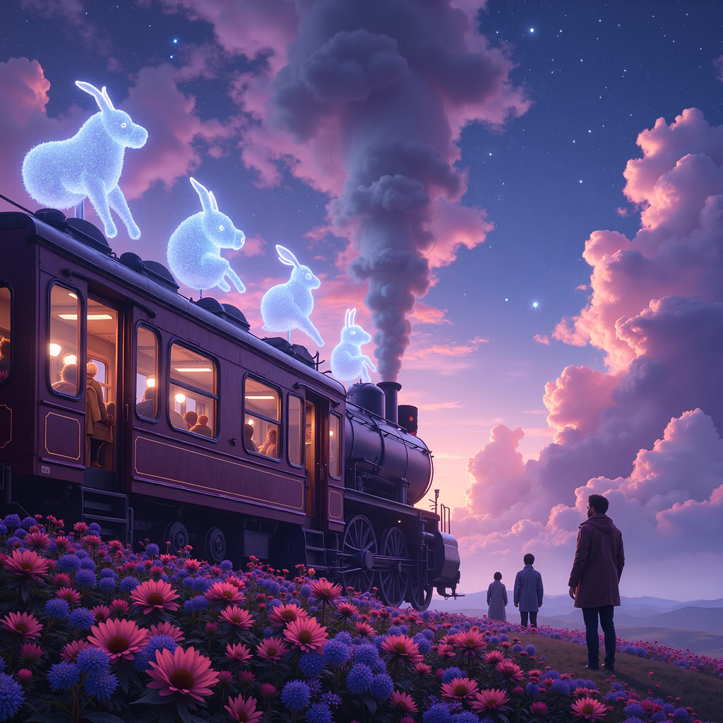 Whimsical train journey with glowing rabbits and a serene sky.