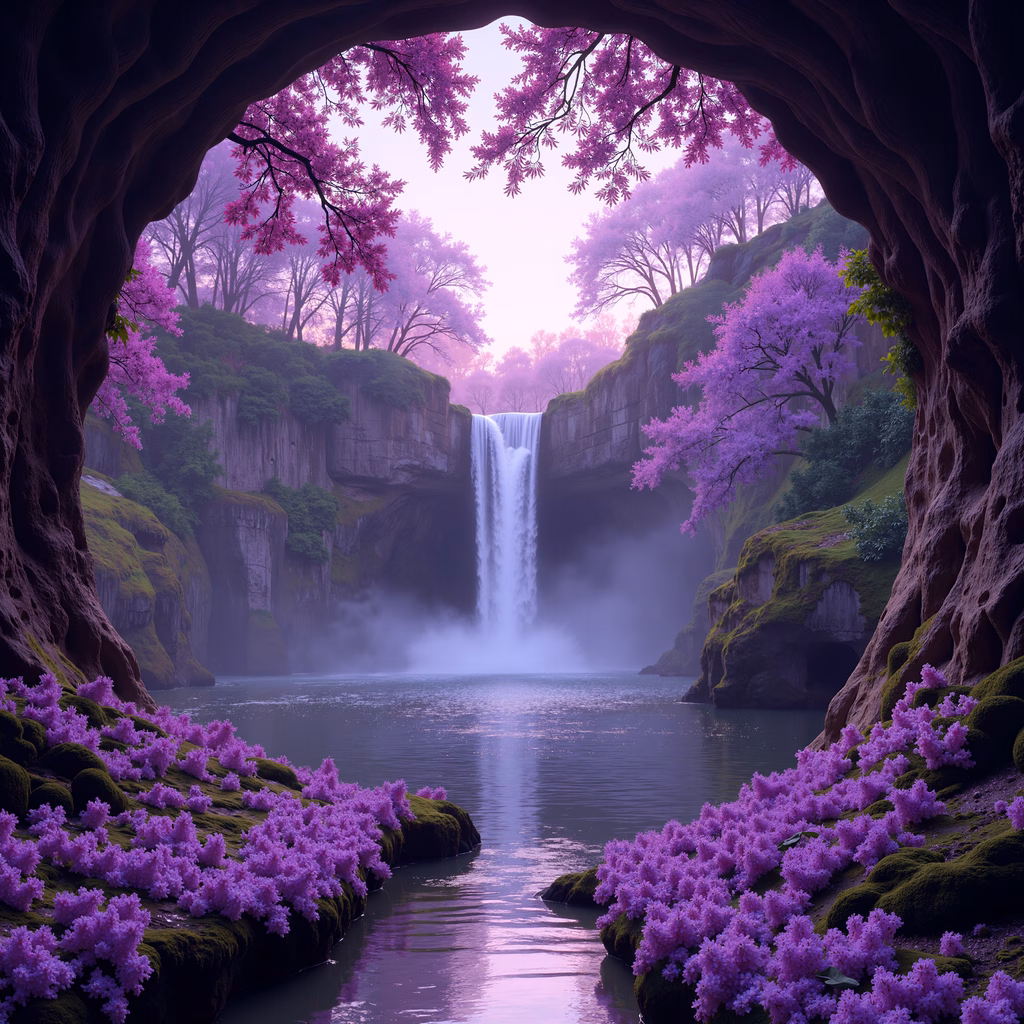 A mystical waterfall surrounded by blooming cherry blossoms in a tranquil setting.