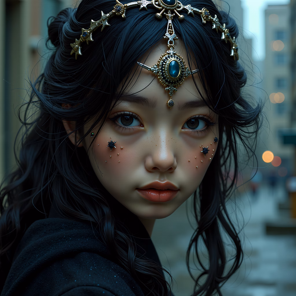 A mystical princess with star-studded crown and ethereal makeup, set in an urban fantasy scene.