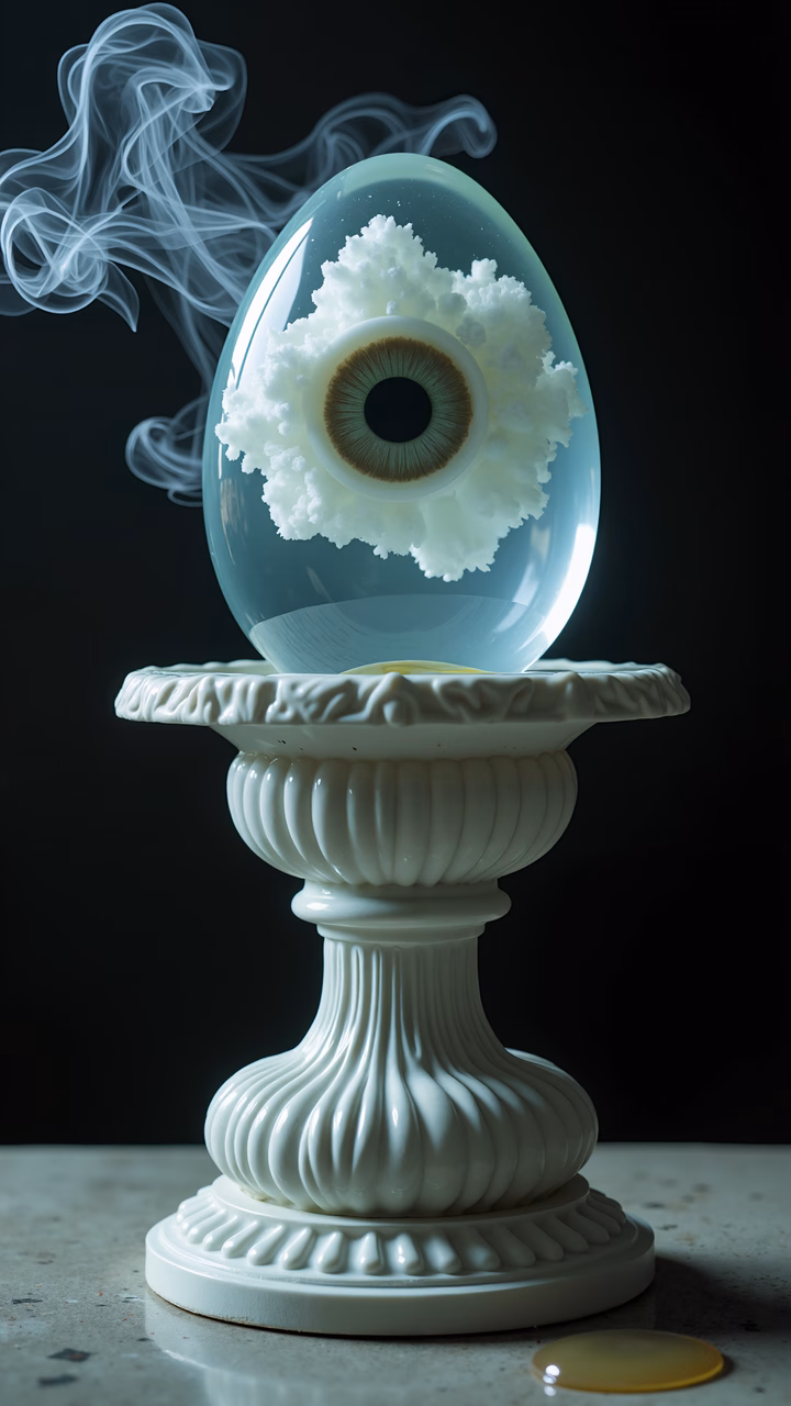 Surreal illustration of an eye in an egg, surrounded by smoke, evoking mystery and intrigue.