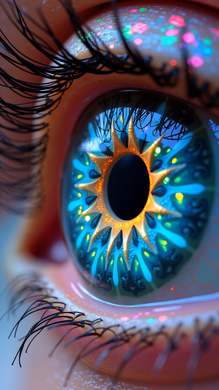 Close-up of an eye with fantasy-inspired iris patterns in vibrant colors.