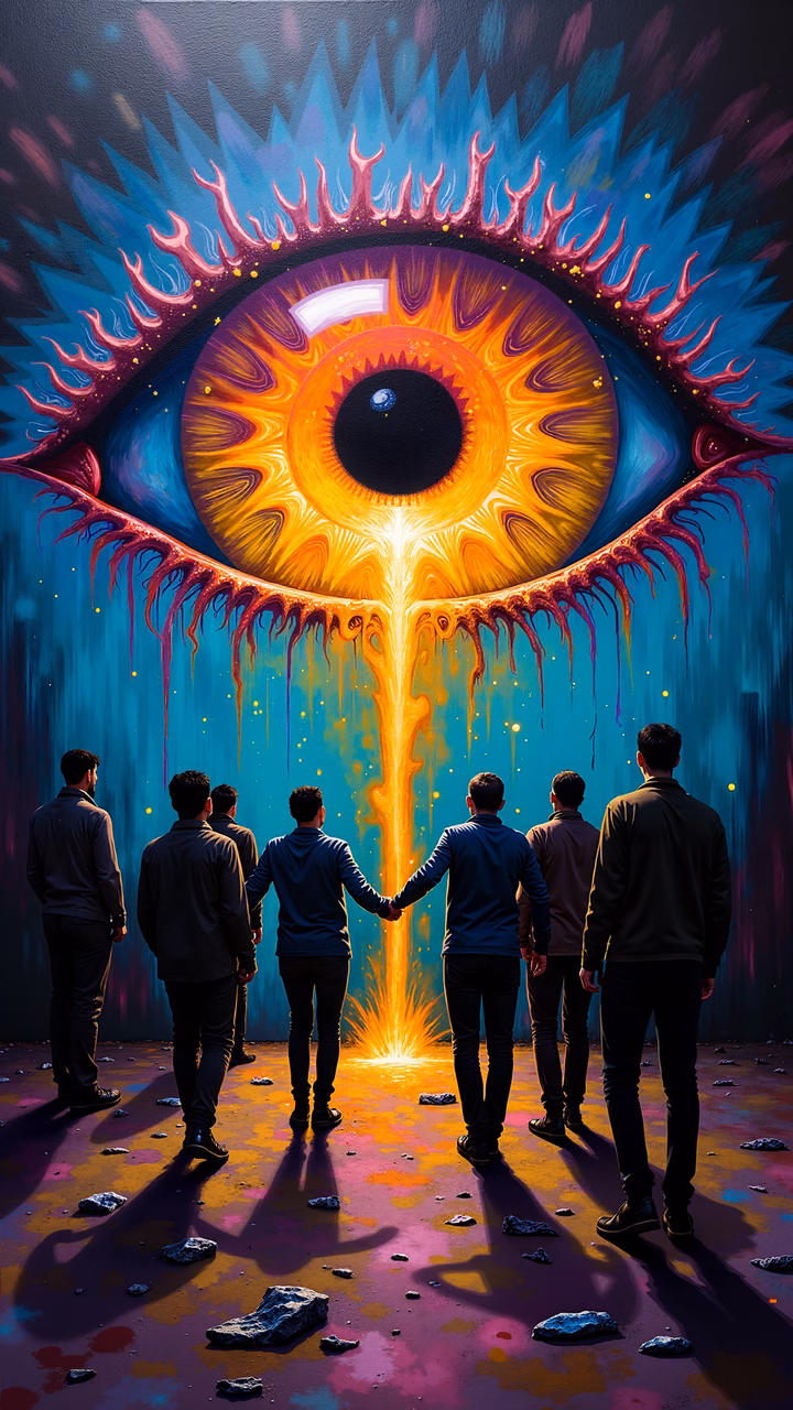 A group of people marvels at a giant, pulsating eye in a surreal, otherworldly setting.