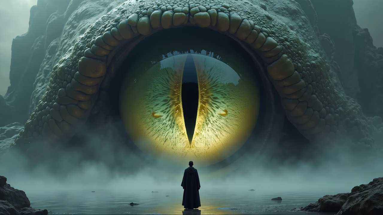 Mysterious eye looms over lone figure amidst misty landscape.