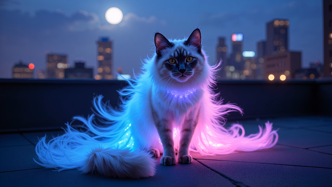 Magical feline with glowing fur on a rooftop under a full moon.