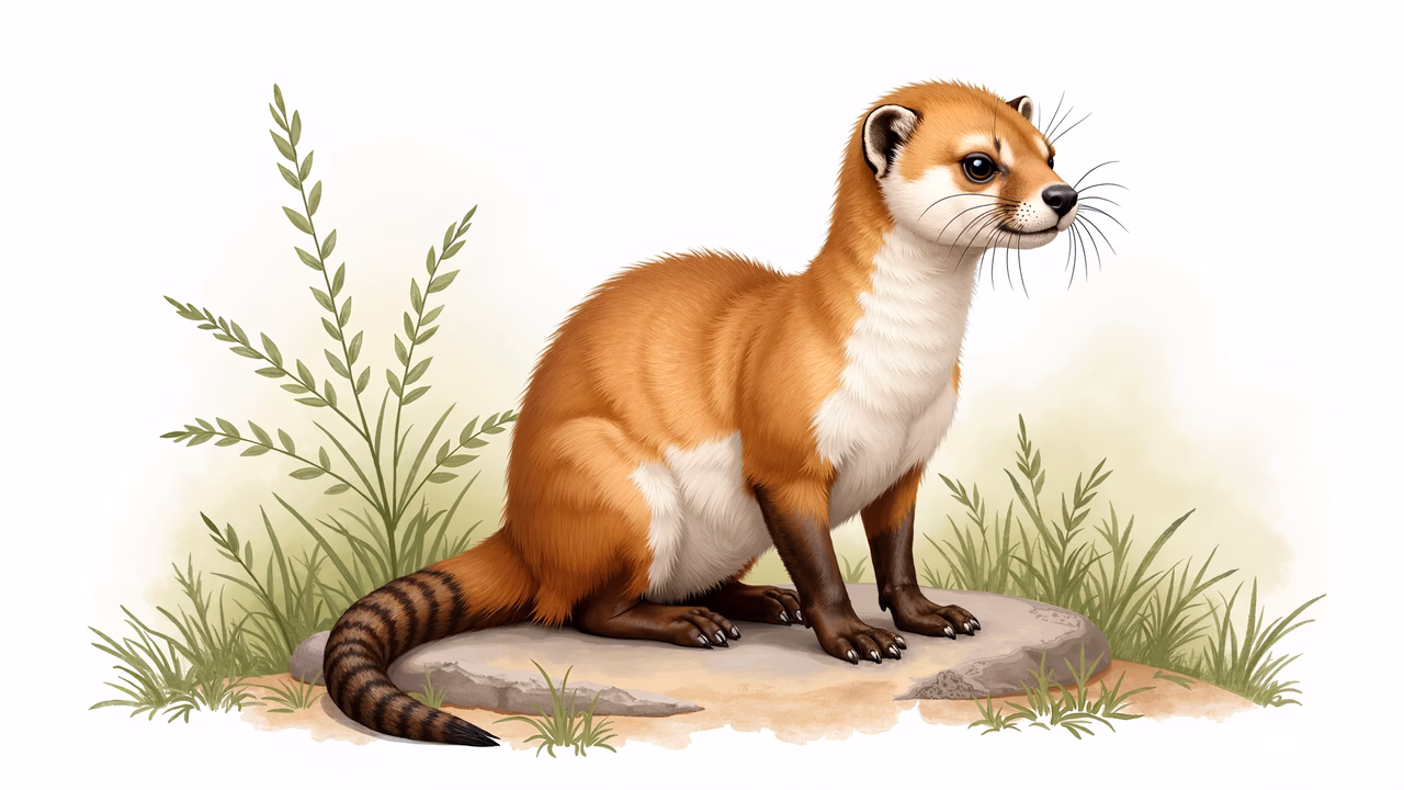 A detailed illustration of a ferret in a natural setting, showcasing its vibrant fur and serene environment.
