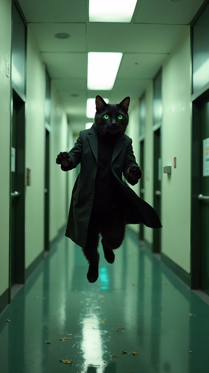 A floating cat in a green-lit hallway, dressed in a suit, evoking mystery and surrealism.