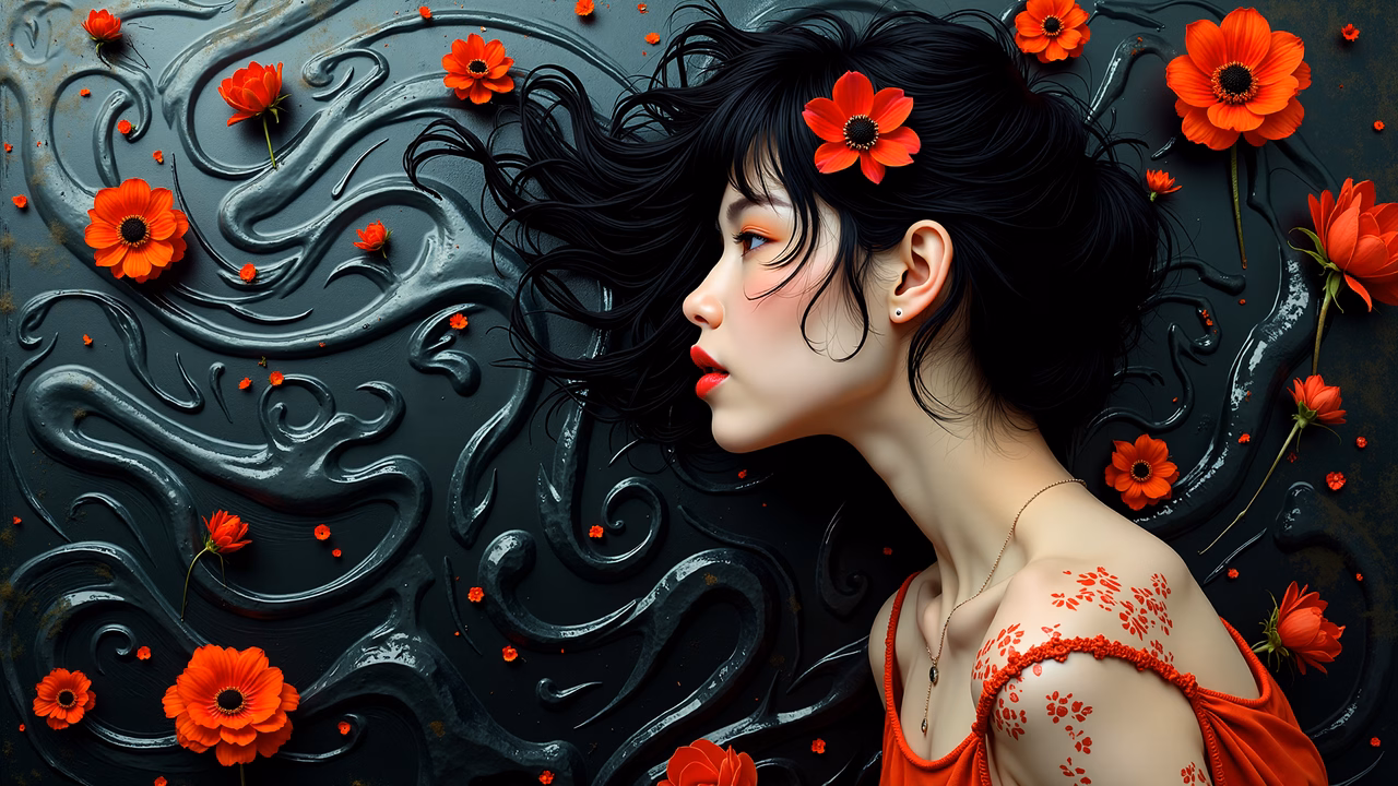 A tranquil illustration featuring a woman with red floral motifs and swirling dark backgrounds.