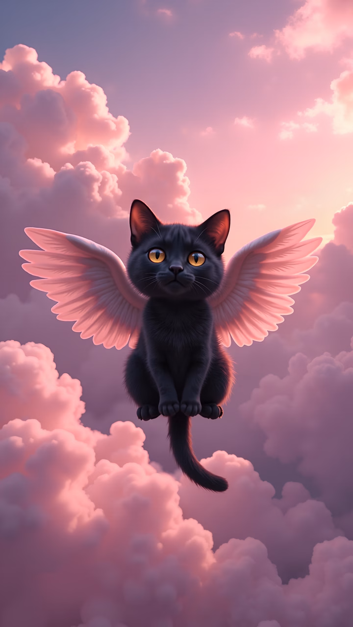 A black cat with pink wings flying through a dreamy sky filled with fluffy clouds.
