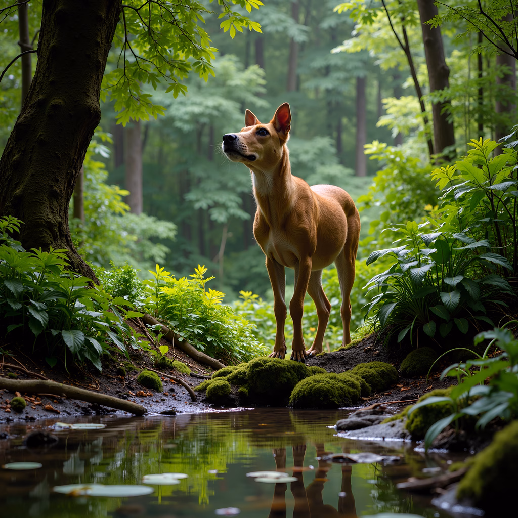 Golden dog amidst lush greenery and a tranquil pond.