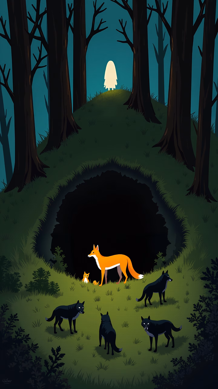 Whimsical fox and wolves in a mysterious forest gathering.