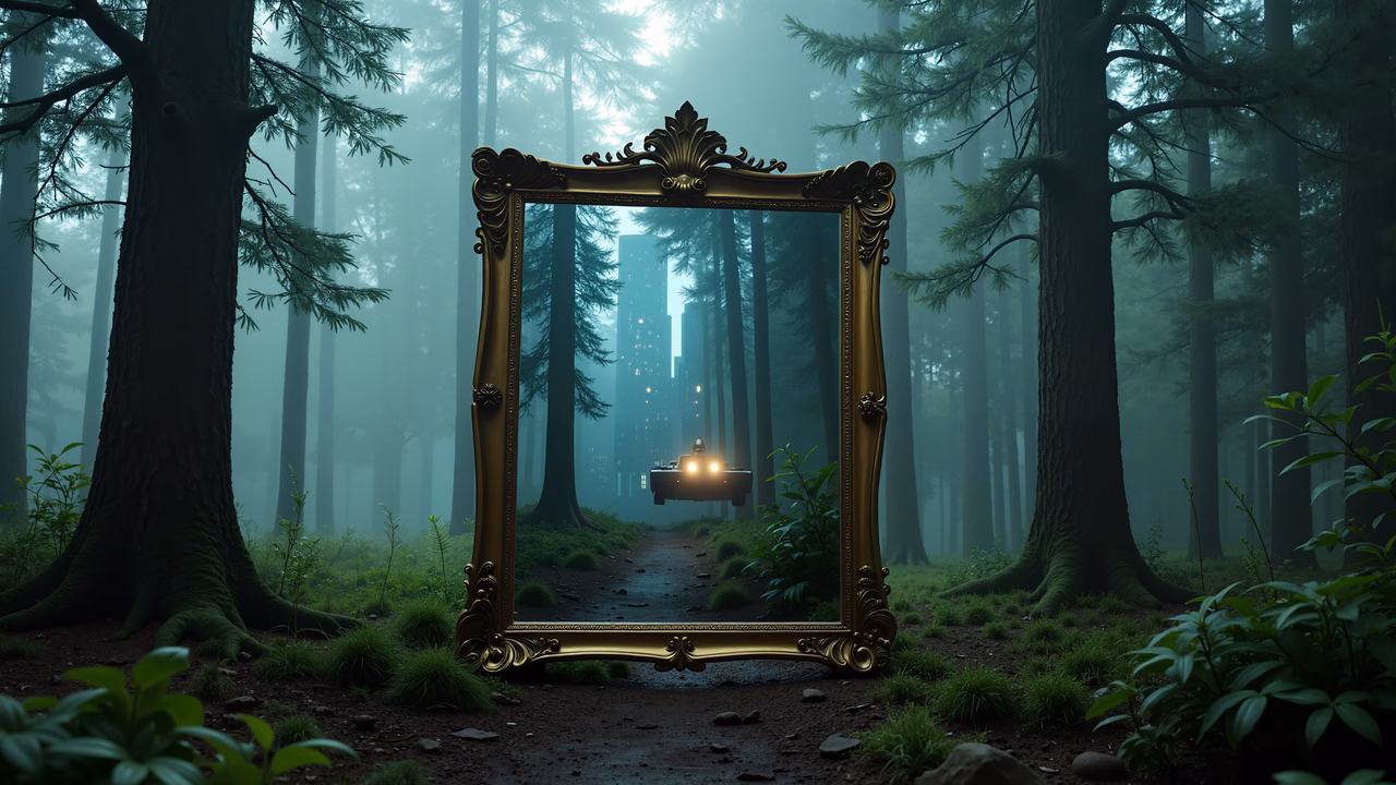 Mysterious forest mirror reflecting futuristic cityscape