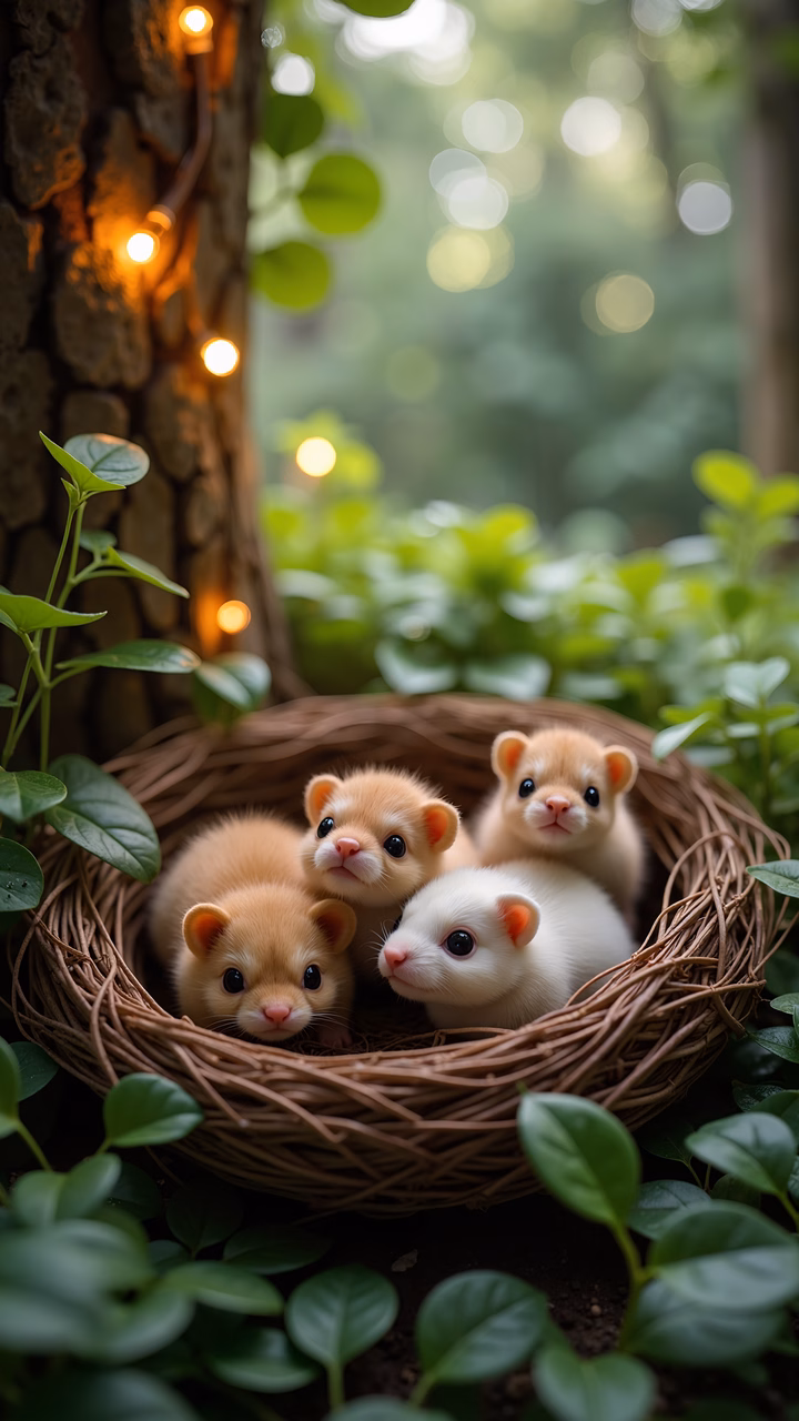 Three adorable ferrets in a cozy forest nest, illuminated by string lights.