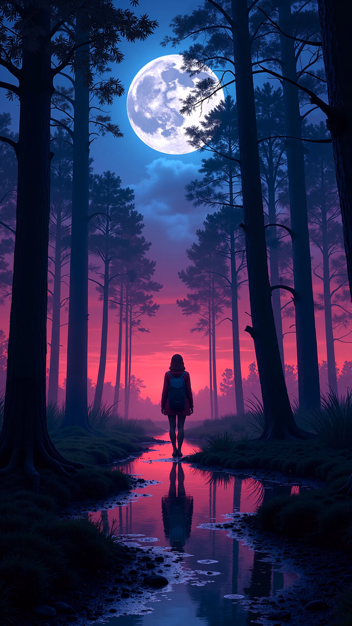 Solitary figure amidst tranquil forest under a full moon.