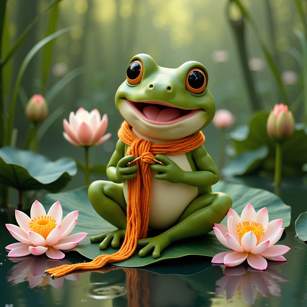 A cute frog knitting amidst blooming lotus flowers in a peaceful setting.
