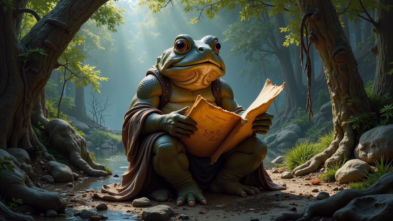 Whimsical frog reader in a sunlit forest, engrossed in an old book.