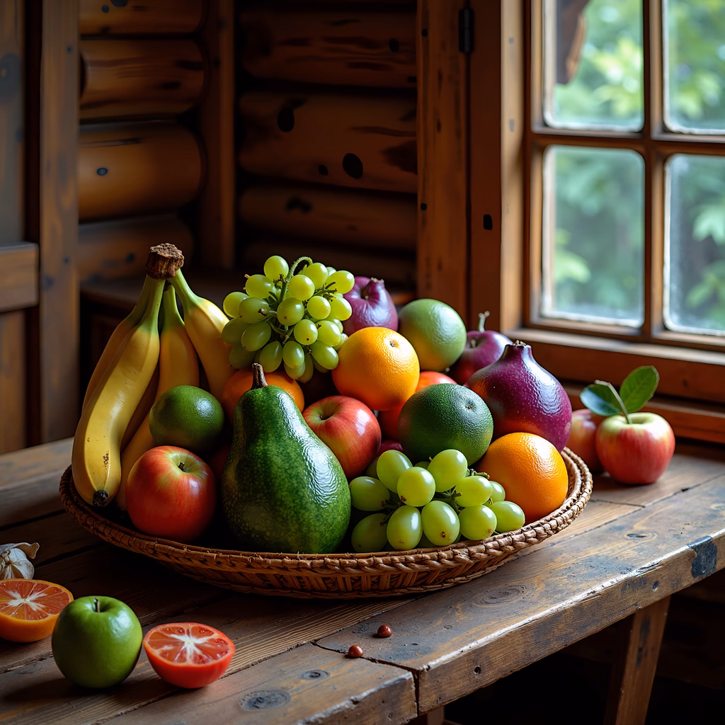 Fresh fruits in a rustic setting, capturing the essence of natural abundance.
