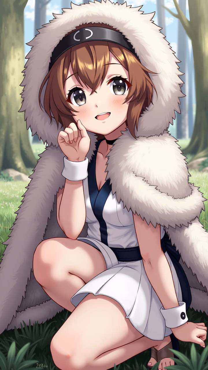 A charming anime girl in a fur coat, seated in a forest setting, exuding a sense of calm and thoughtfulness.