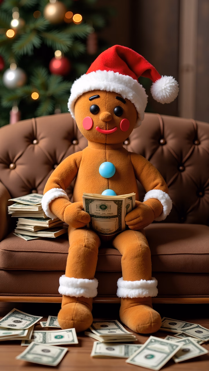 A gingerbread man in a Santa hat holding money, set against a Christmas tree backdrop.