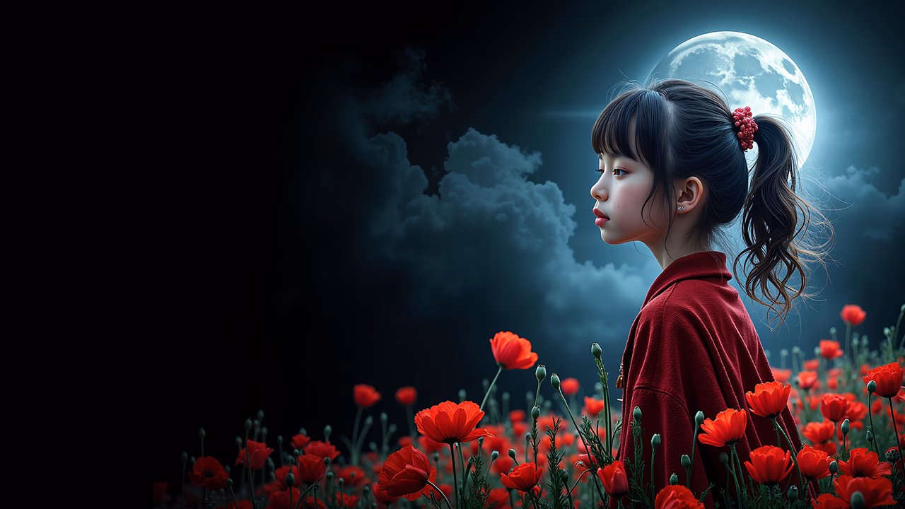 A girl in a field of red poppies under a full moon, evoking a sense of tranquility and introspection.