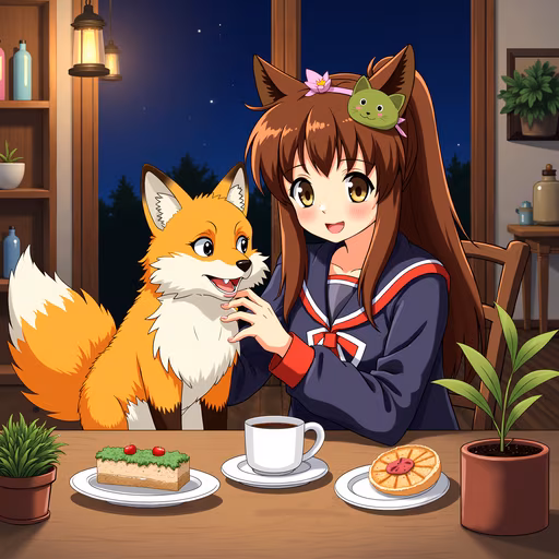Girl and Fox in a Cozy Evening