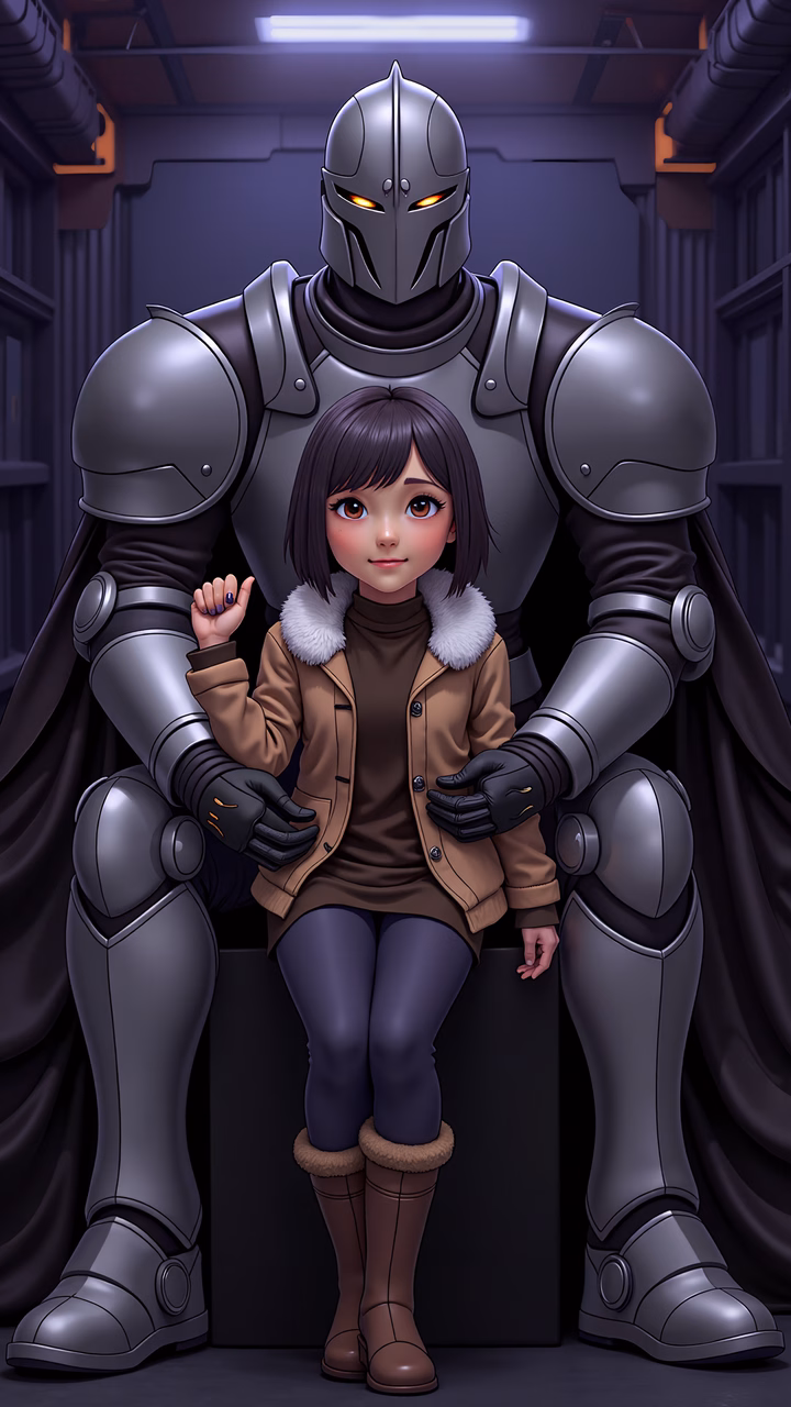 A girl finds comfort in the embrace of a knight in a dystopian setting.