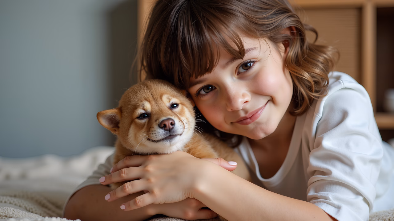 A tender moment between a girl and her Shiba Inu puppy, captured in soft, natural lighting.
