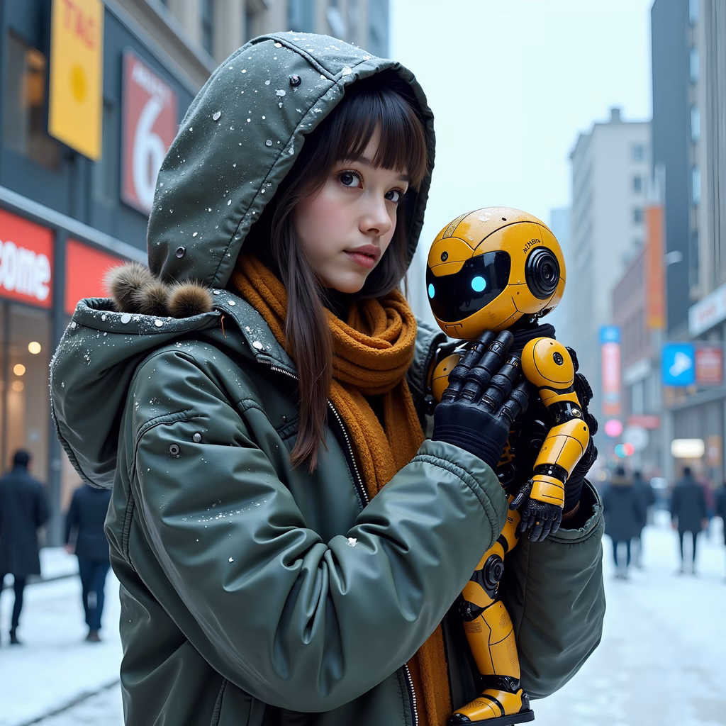 Girl holding robot in snowy urban setting, blending technology and warmth.