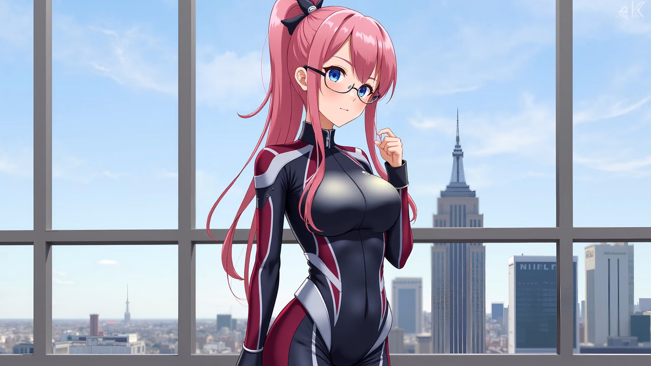 Confident girl in futuristic suit overlooking urban skyline.