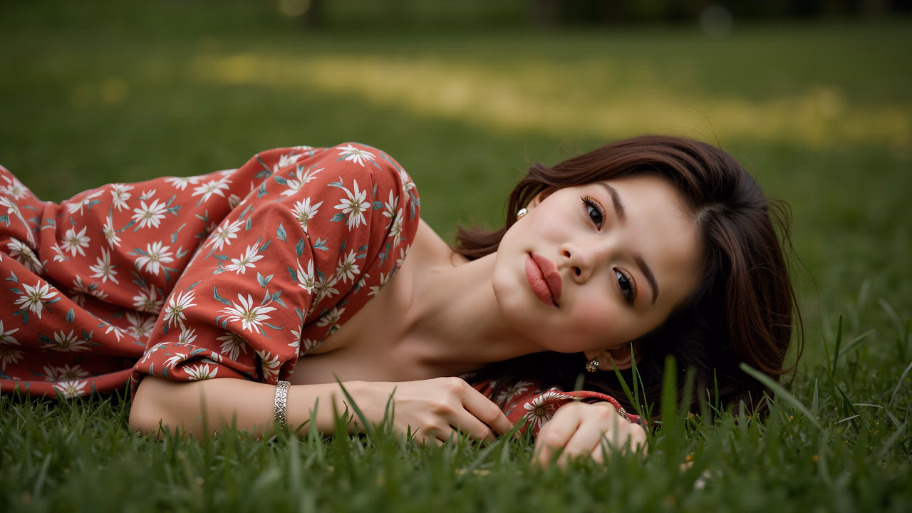 Relaxed young woman lying on grass in a vibrant red floral dress, evoking tranquility.