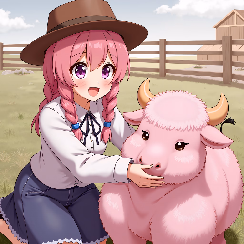 A girl pets a pink yak in a peaceful farm setting.