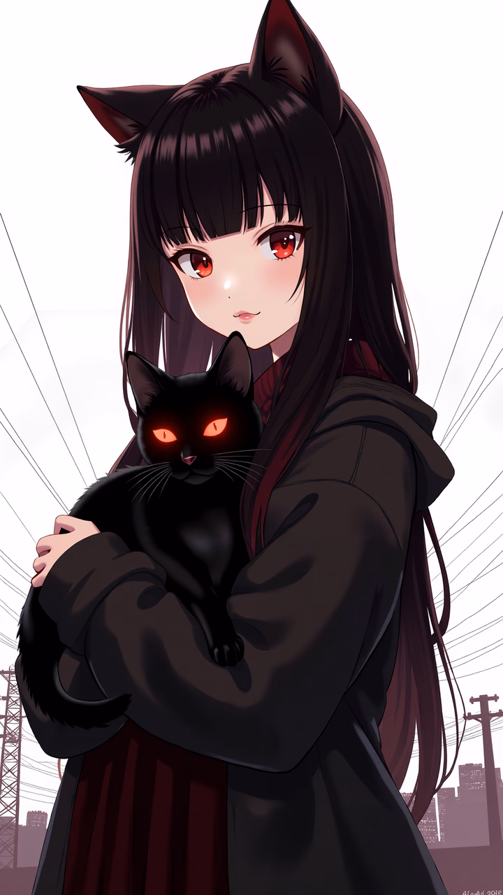 Dark-haired girl with cat ears holding glowing black cat in urban setting.