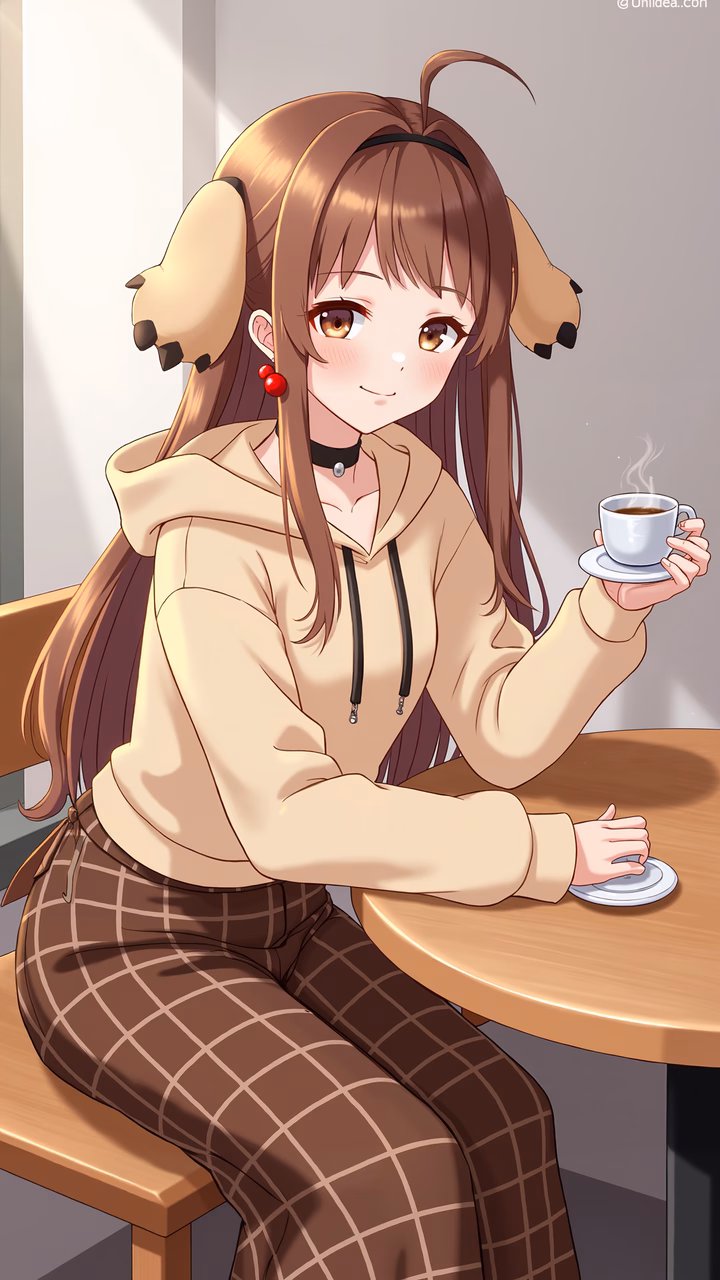 A girl with deer ears enjoys a cup of coffee in a cozy setting.