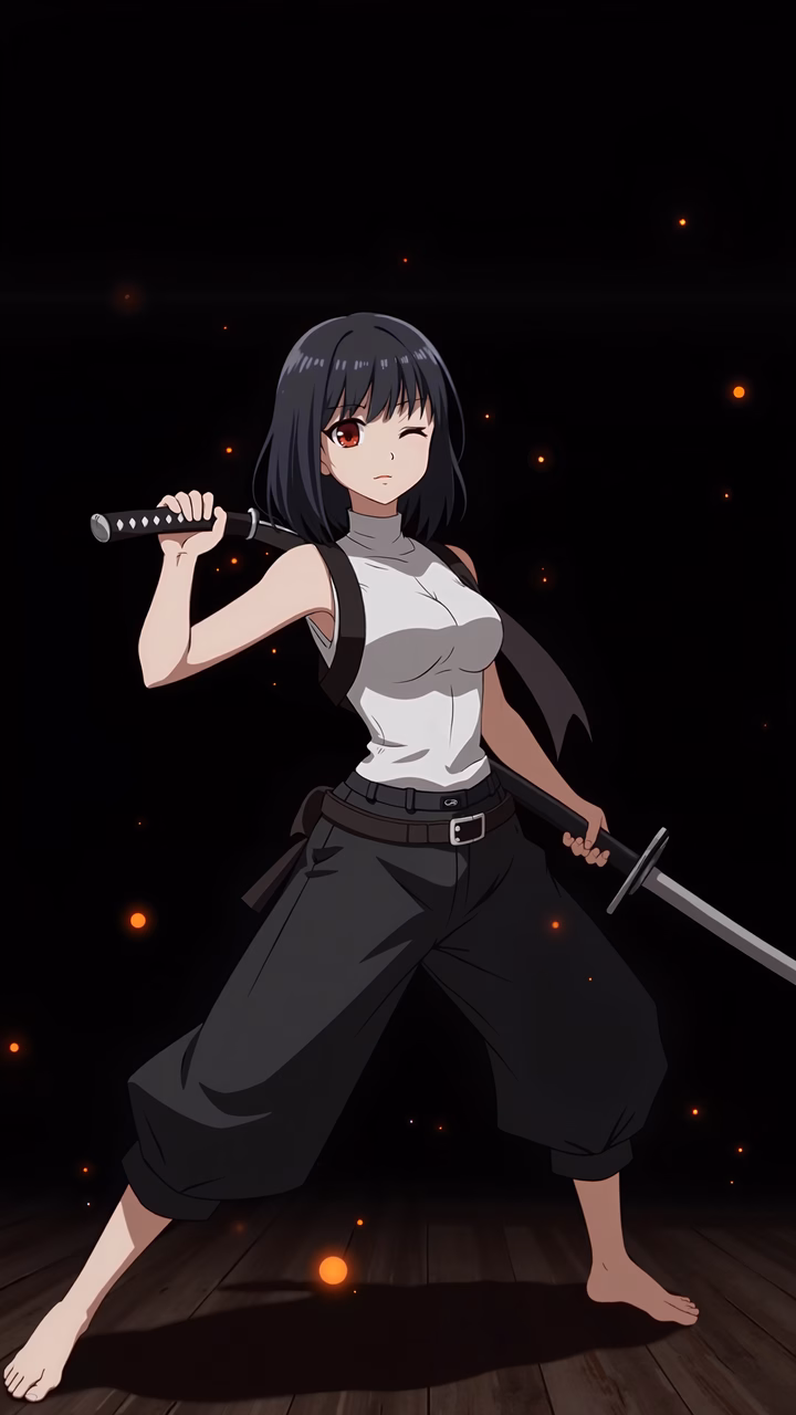 Dynamic anime girl with katana in dramatic setting
