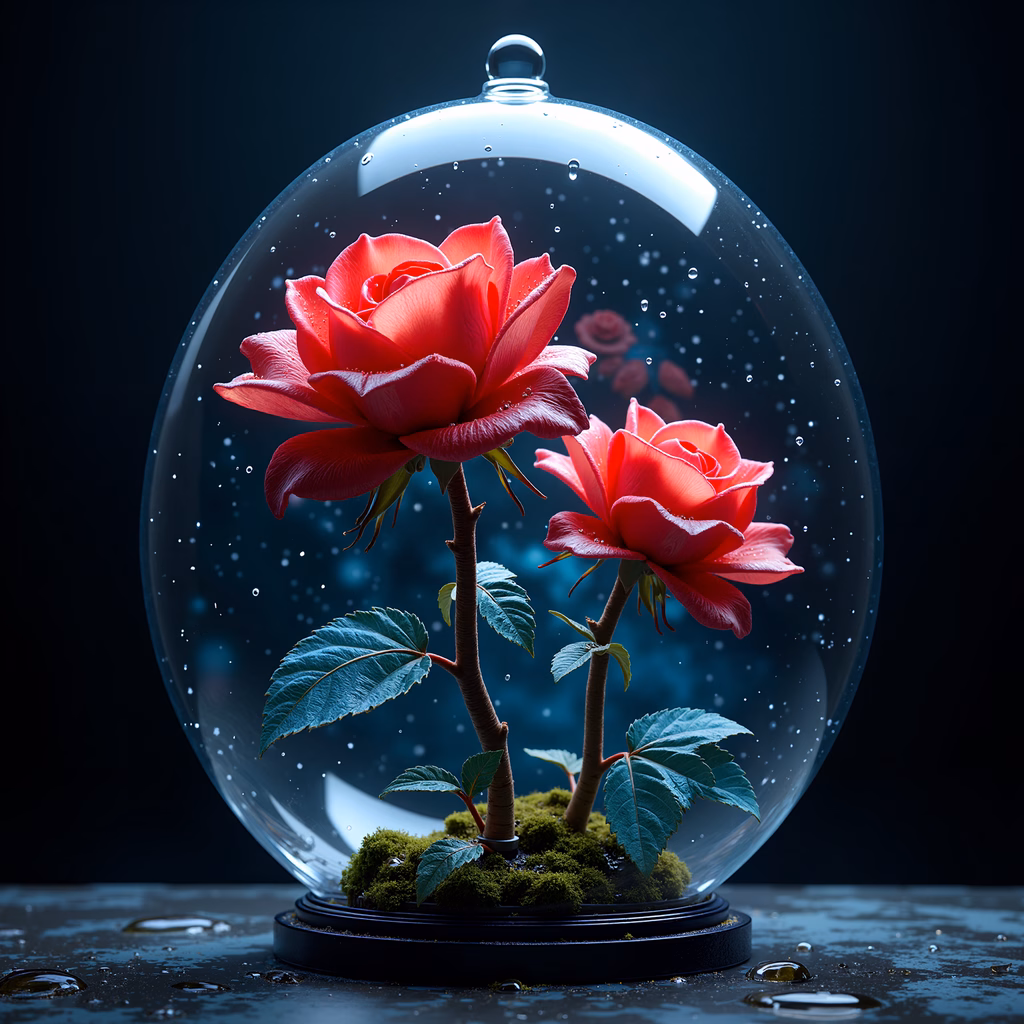 Vibrant red roses in a glass dome, ethereal and magical.