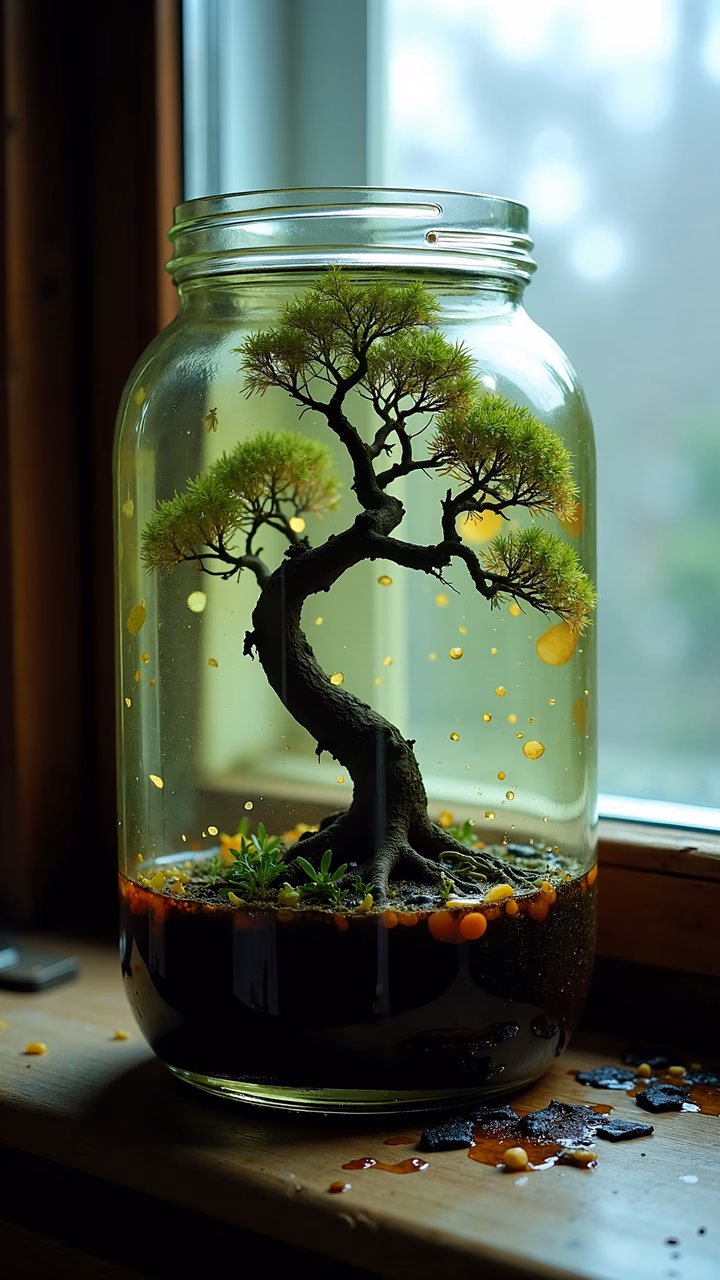 A bonsai tree in a glass jar, capturing nature's beauty in a minimalist setting.
