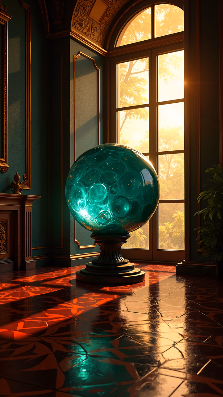 Glossy green glass sphere in sunlit, luxurious interior