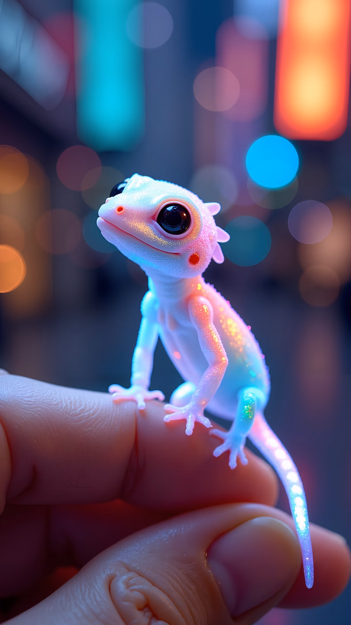 Glowing gecko perched on a finger, surrounded by neon lights.