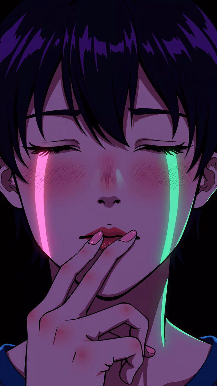 Mysterious neon-lit portrait with contrasting colors and dramatic shadows.