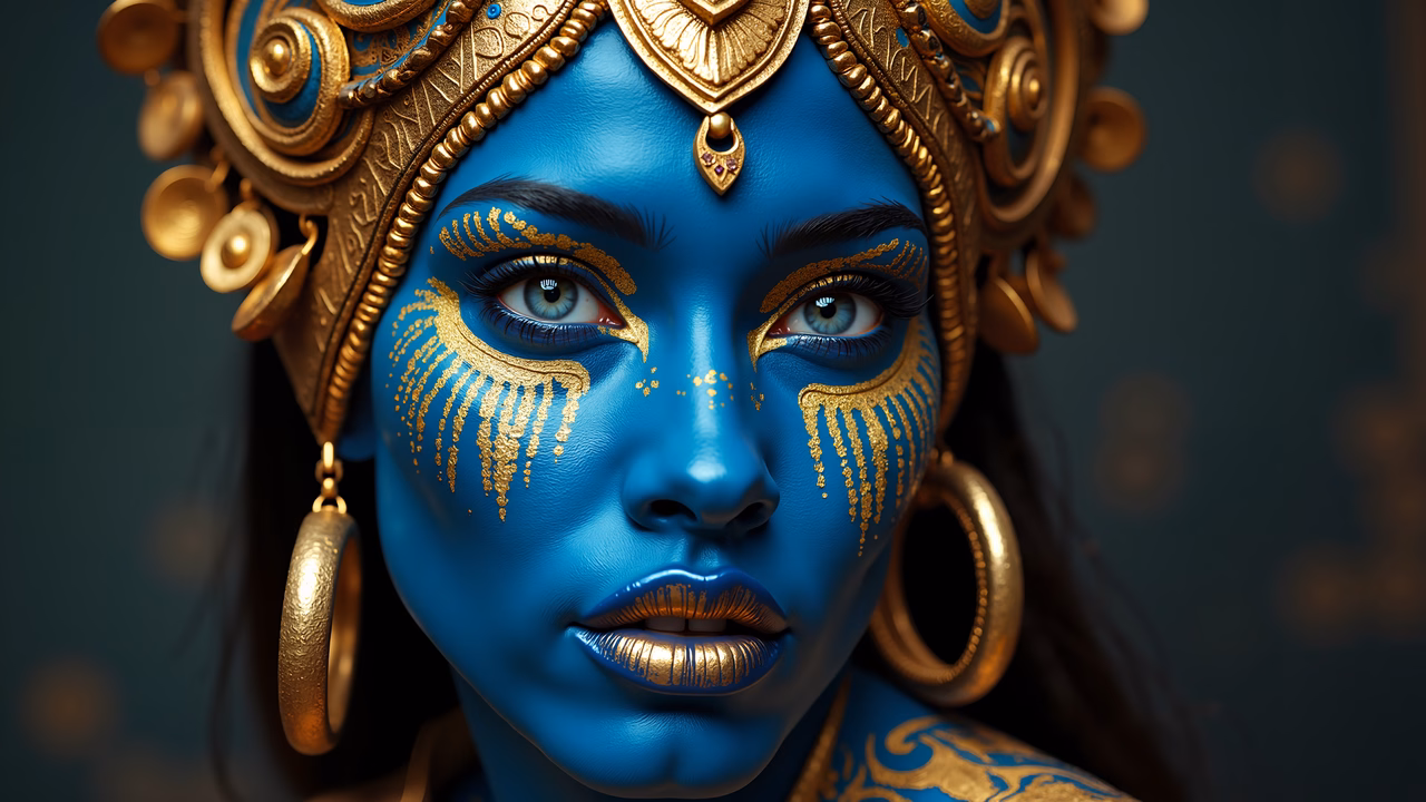 A golden-blue goddess with intricate jewelry and dramatic makeup.